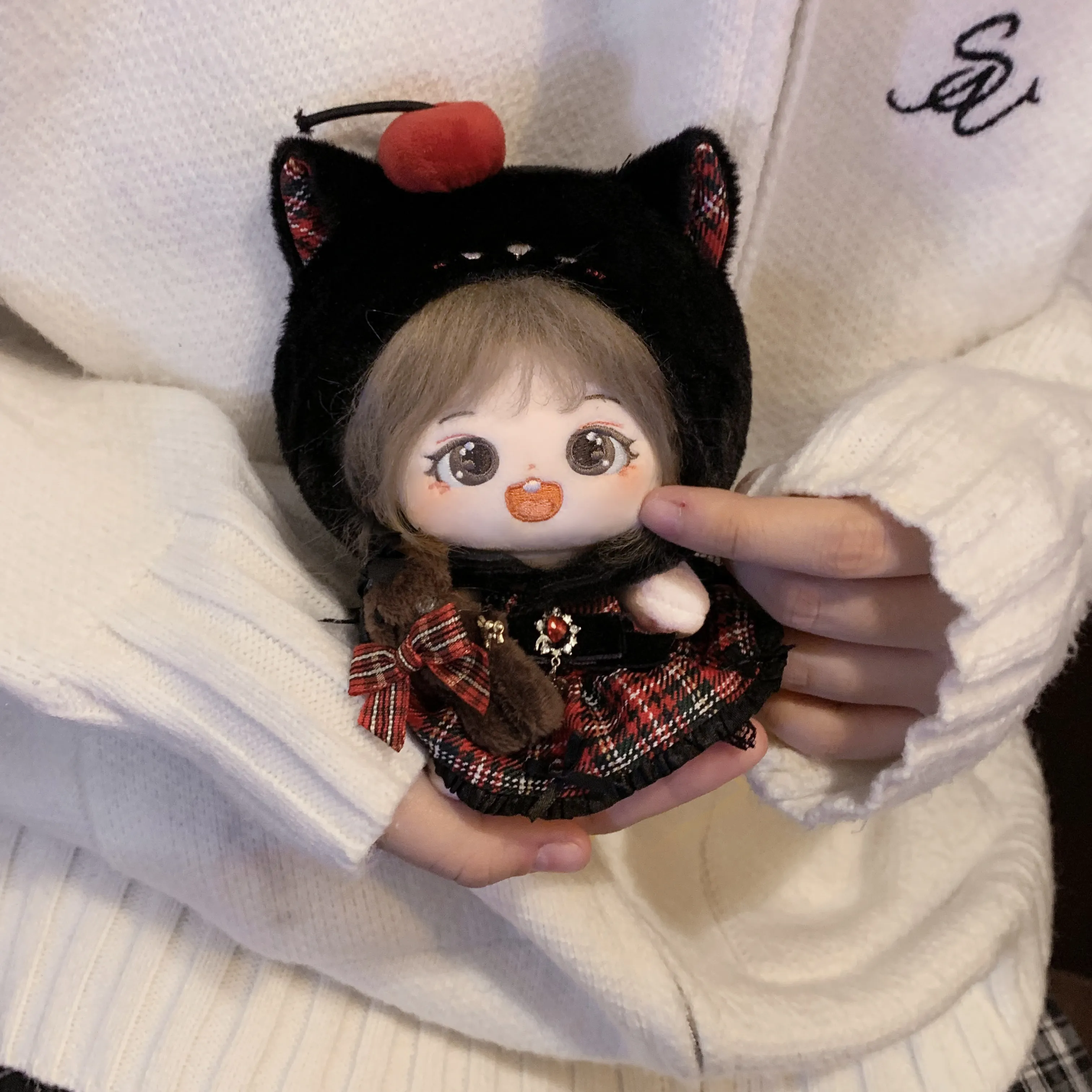 10cm roupas de boneca orelha de gato hairpin vestido vermelho chapelaria saias doces roupas terno pelúcia plushies boneca acessórios anime brinquedo criança