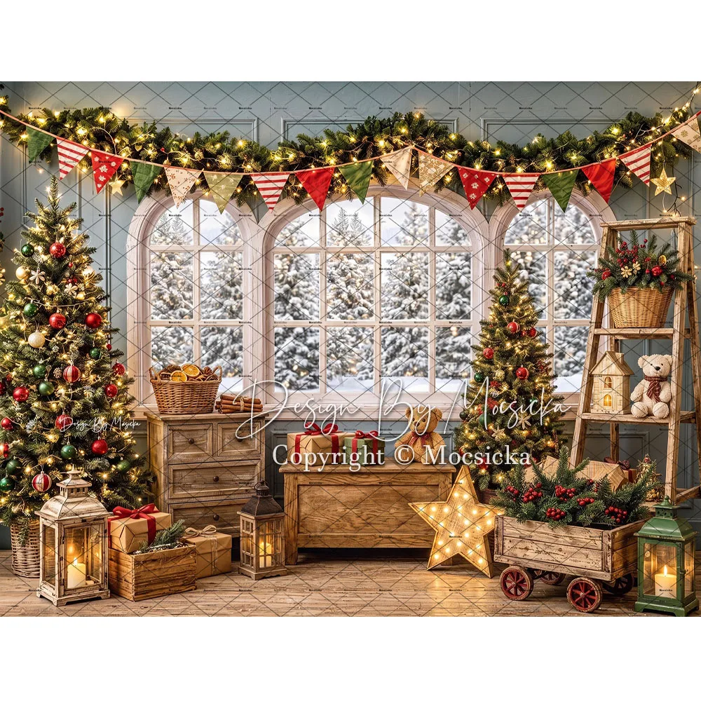Mocsicka Backdrop Photography Christmas Living Room Garland Bookshelf Lantern Window Gift Background Holiday Home Studio Photo