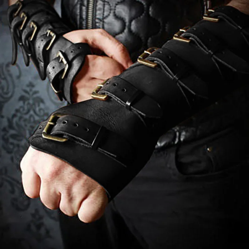 Medieval Viking Wristband Gauntlet Vambrace Arm Cuff Armor Steampunk Gothic Leather Glove LARP Men Knight Costume Buckled Bracer
