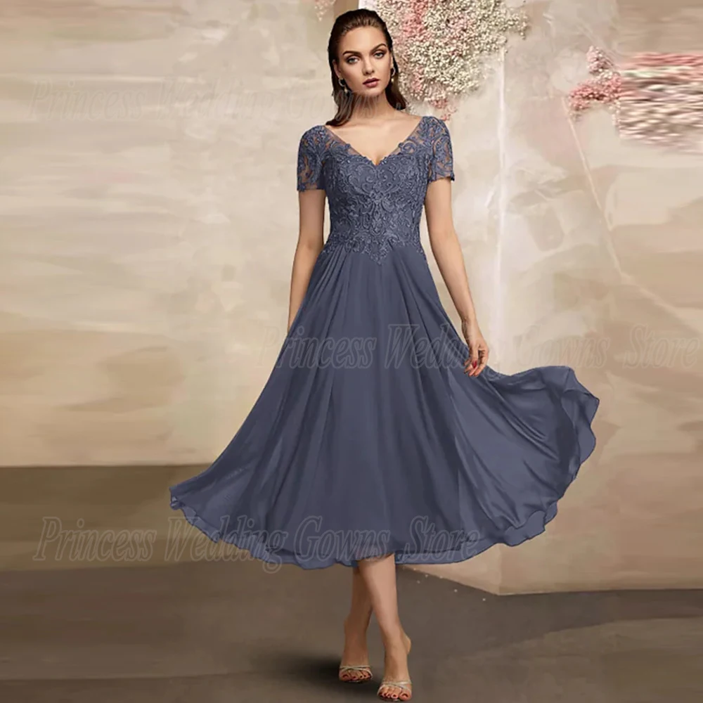 Tea Length Chiffon Mother Of The Bride Dresses For Woman Short Sleeves Applique V Neck Elegant Wedding Guest Gown Zipper Back