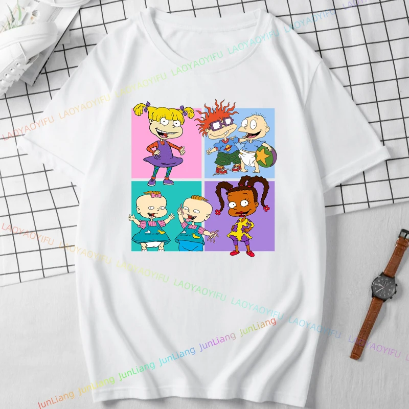 Rugrats قوس قزح دائرة مجموعة النار ريترو موضة القطن تيز قصيرة الأكمام تي شيرت Crewneck القمم هدية عيد ميلاد الرجال تي شيرت Y2k