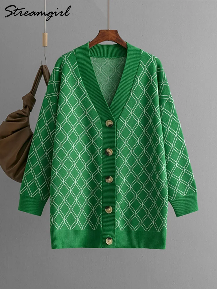 Green Loose Cardigans For Women Autumn Knit Jackets Female Knitwear Women\'s Outwear Printed Knitted Cardigan Women 2024