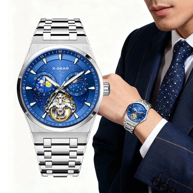ساعة X-GEAR للرجال بحركة ميكانيكية وسوار من الفولاذ المقاوم للصدأ وهيكل عظمي ممتاز ومضيئة ومقاومة للماء
