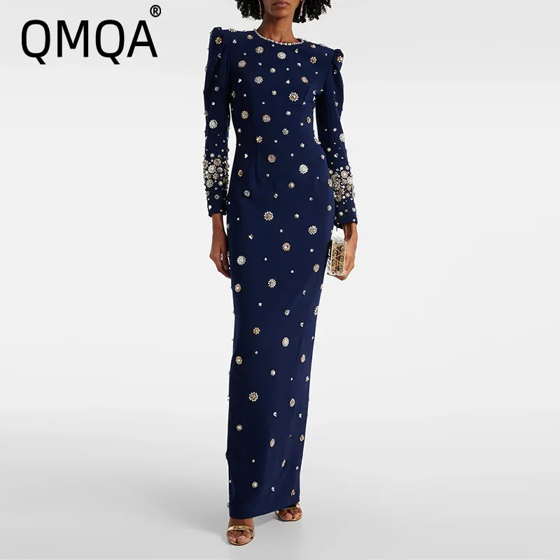 Qmqa-女性の長袖ハイウエストフォーマルドレス,マキシドレス,ネイルビーズ,ダイヤモンド,スプライス,スリムフィット,宴会,ファッションウェア,1a781
