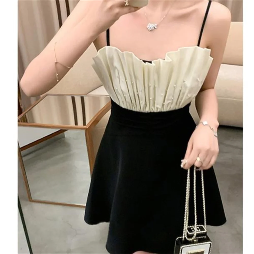 

Pleated beaded waist slimming dress diamond strapless dress black white women