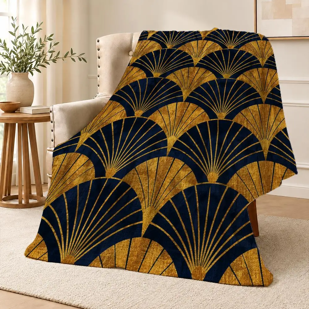 Luxury Art Deco Fan Geometric Vintage Aesthetic Throw Soft Flannel Throw Blanket for Couch Bed Sofa Warm Cozy All Season