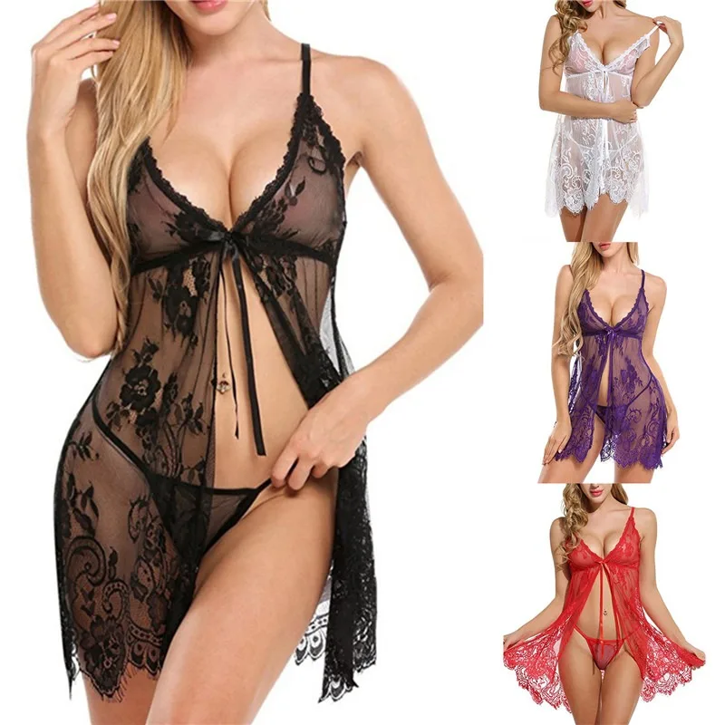 Lencería Sexy para mujer, vestido de noche, camisón de encaje Push-Up, erótico, Floral, transparente, novedad