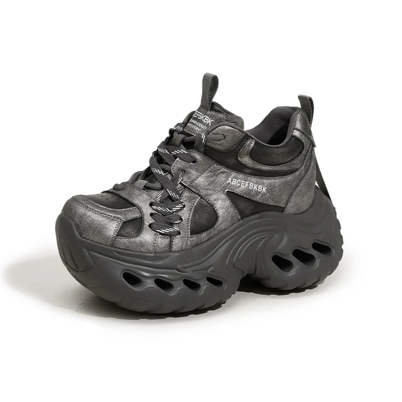 

9CM Genuine Leather Chunky Sneakers for Women Fashion Spring Walking Sport Shoes Breathable High Platform Casual Dad Shoes Woman