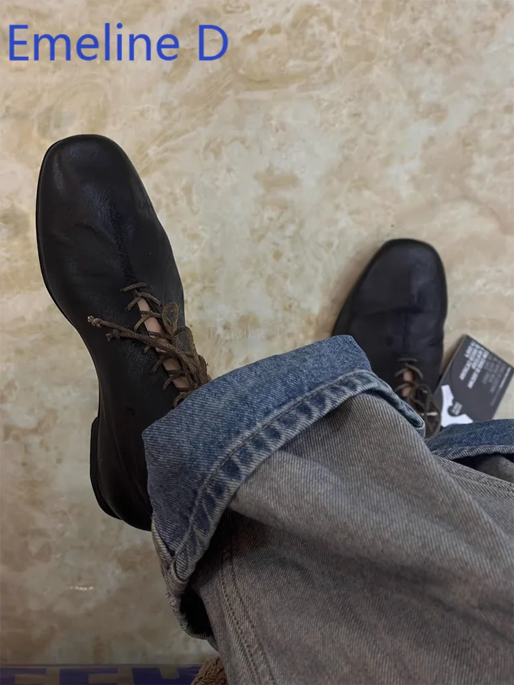 

Square Toe Lace Up Derby Shoes Black Retro Style Casual Ankle Boots Versatile and Minimalist Style Daily Commuting Flat Shoes