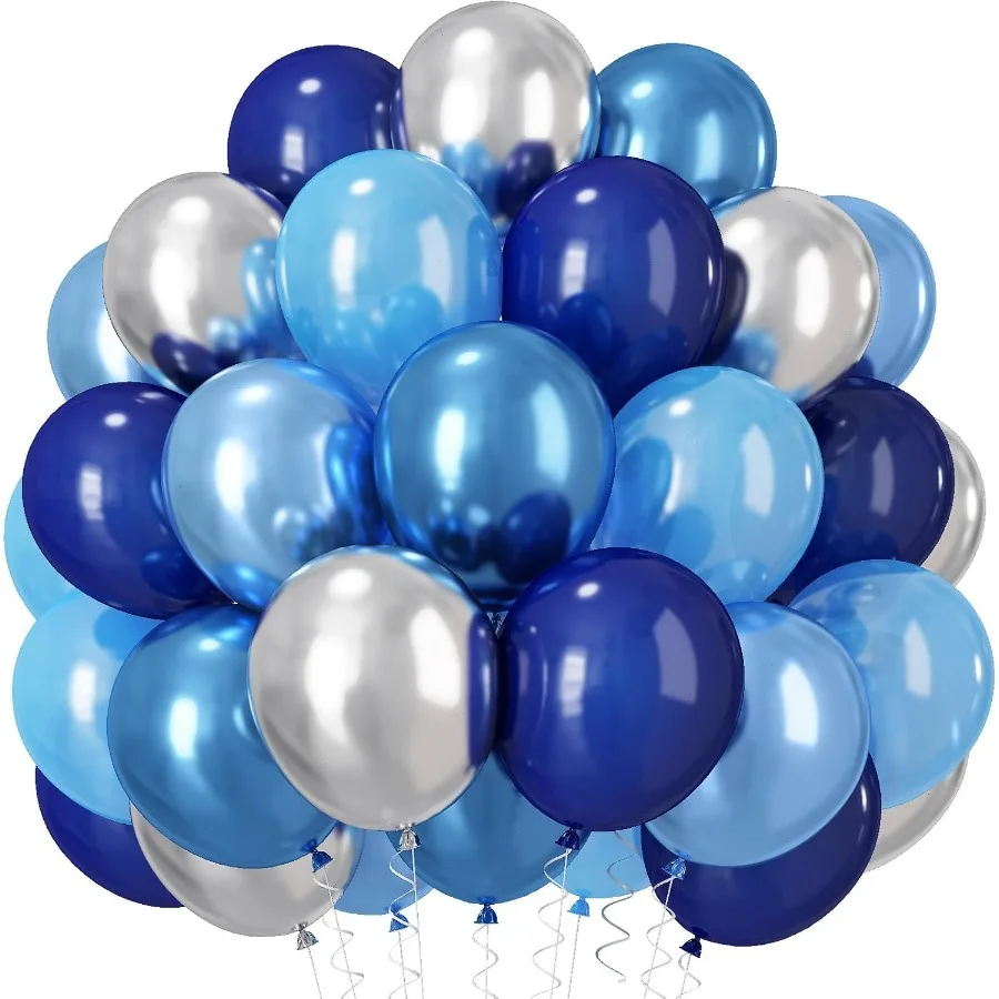 青と銀の風船 50個 12インチ パール ロイヤルネイビーブルー ラテックス パーティーバルーン メタリッククロムシルバー ヘリウムバルーン付き