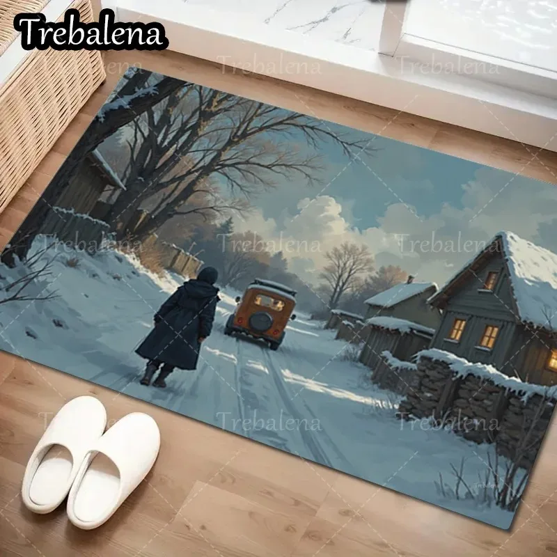 1 welcome doormat, winter fairyland doormat, snow village scene, home decoration carpet, simple and exquisite ins