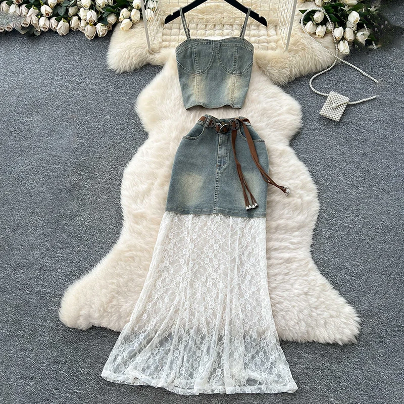 

American Style Vintage Summer Denim Suits Women Short Camisole Tops And High Waist Lace Splice A-line Long Skirts 2pcs Set