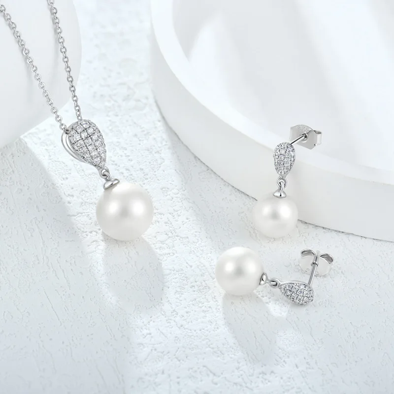 

2PCS/Set French Style 925 Sterling Silver Inlaid Zircon Natural Freshwater Pearl Pendant Necklace Earring for Women Jewelry Set