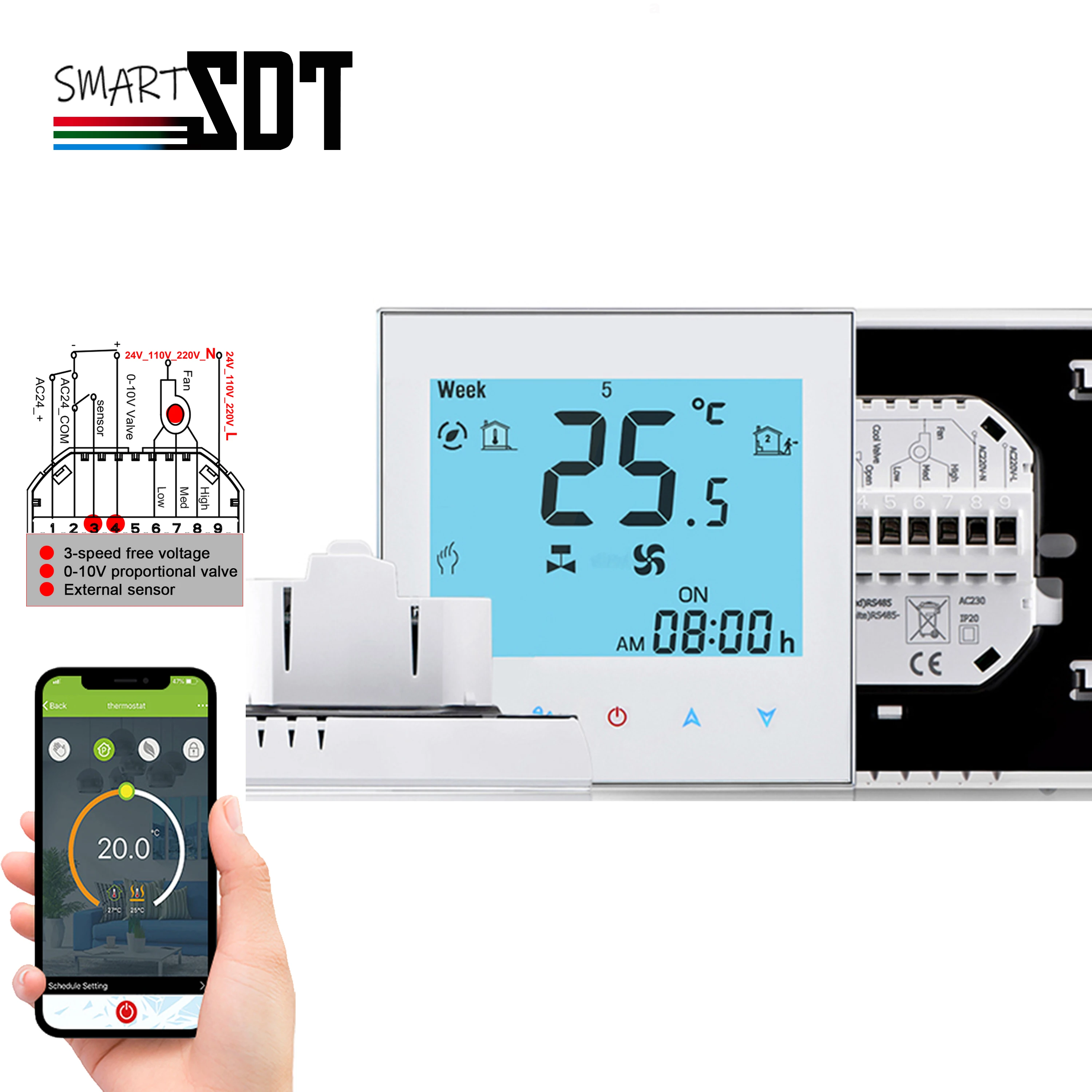 Smart Thermostat 3-Speed Fan Dry Contact & 0-10V Valve Control,WiFi/RS485,Dual Sensor 24V for Middle East HVAC Systems