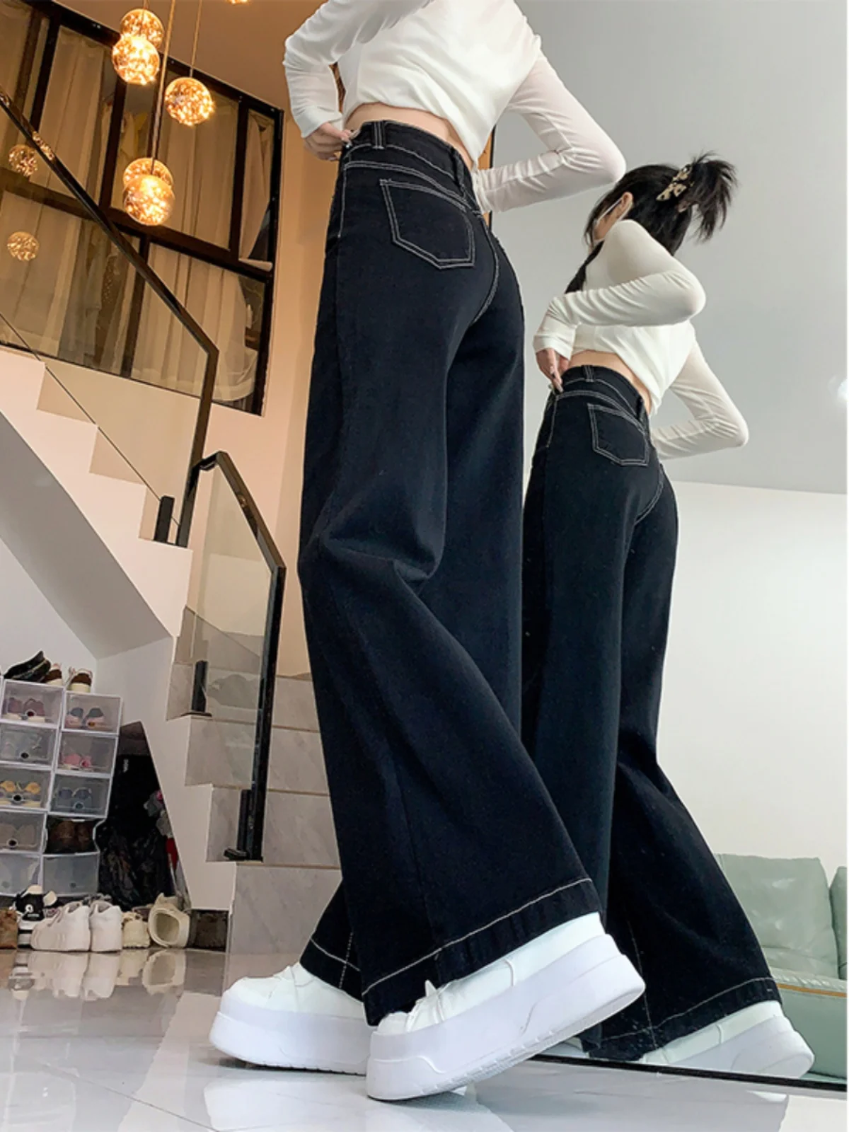 

High Waist Wide Leg Jeans Women's Trendy Spring Autumn Loose Straight Micro Flared Pants Slimming Effect High Waist Denim