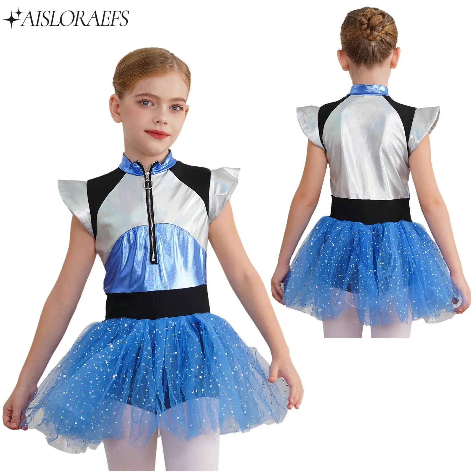 Kids Girl Alien Costume Cheerleading Uniform School Dress Short Sleeve Tutu Dress Bodysuit Cosplay Performance Costume Dancewear