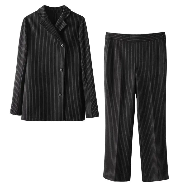 

TRAFZA 2024 Women Office Lady Striped Solid Suits Single Breasted Slim Fit Blazer+Zipper Stright Long Pants Casual Women Sets