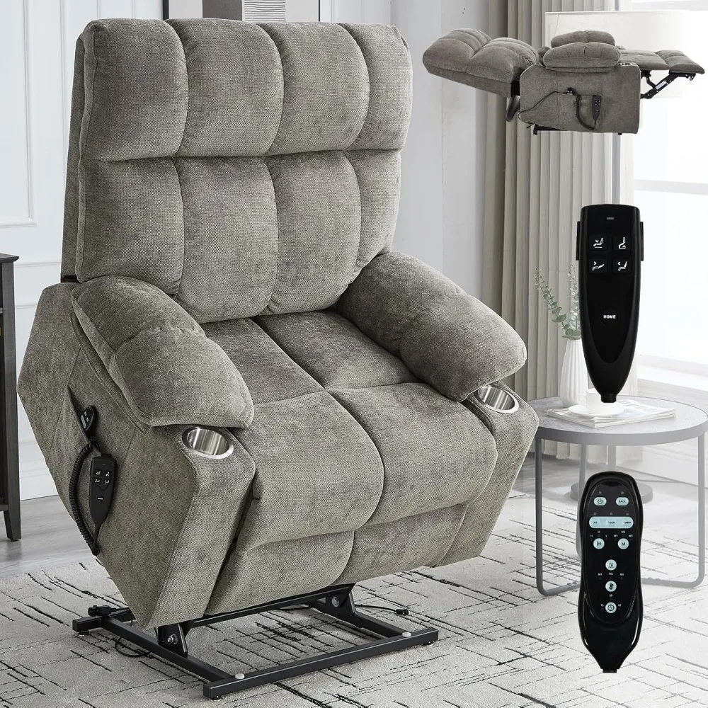 Dual Motor Power Lift Recliner Chair w/Massage and Heating, Large Lift Chair for Elderly, Lay Flat Recliner for Living Room w/Cu