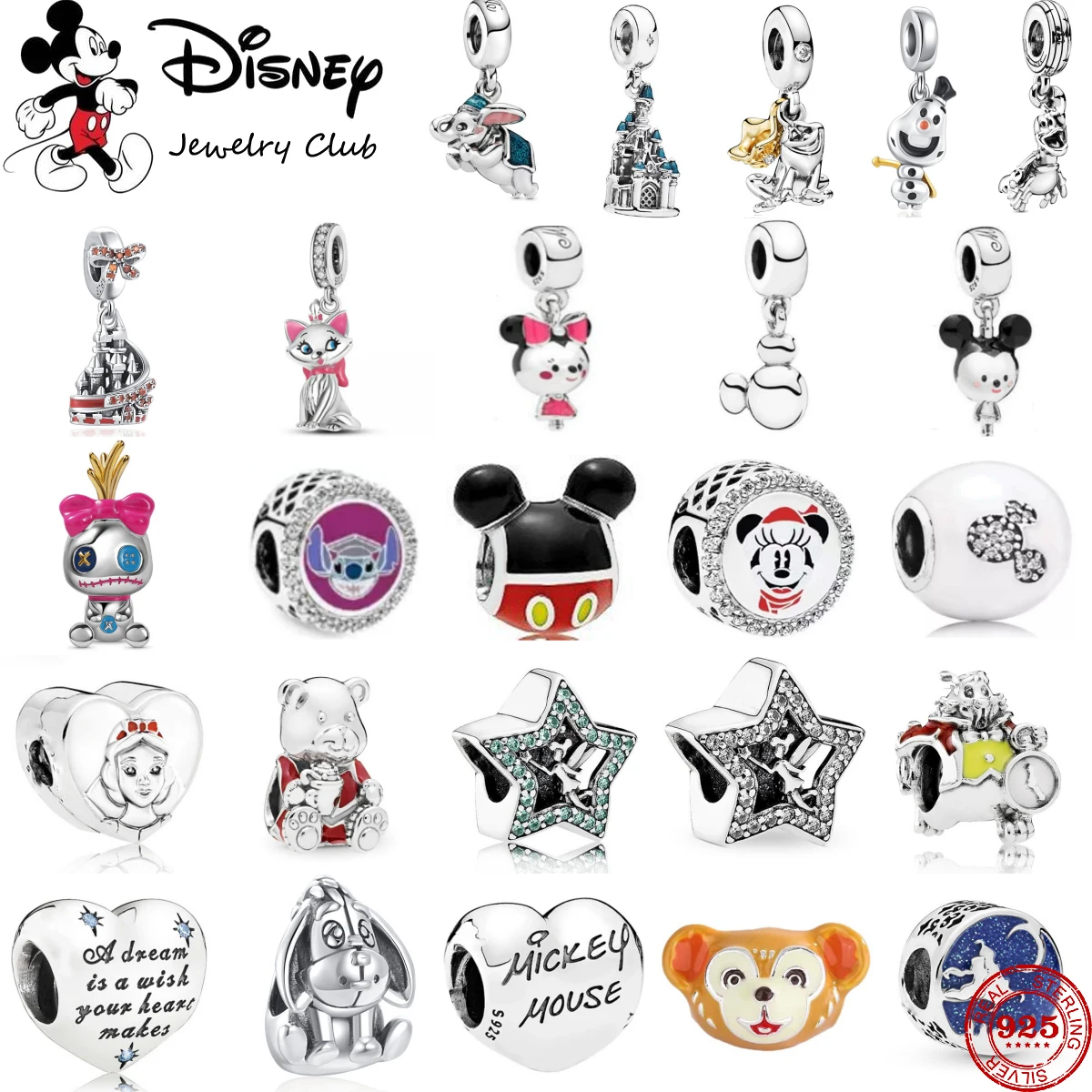 925 Sterling Silver Disney Stitch & His Toy Dumbo Mickey Snow White Clip Charms Beads Fit Original Pandora Bracelet DIY Jewelry