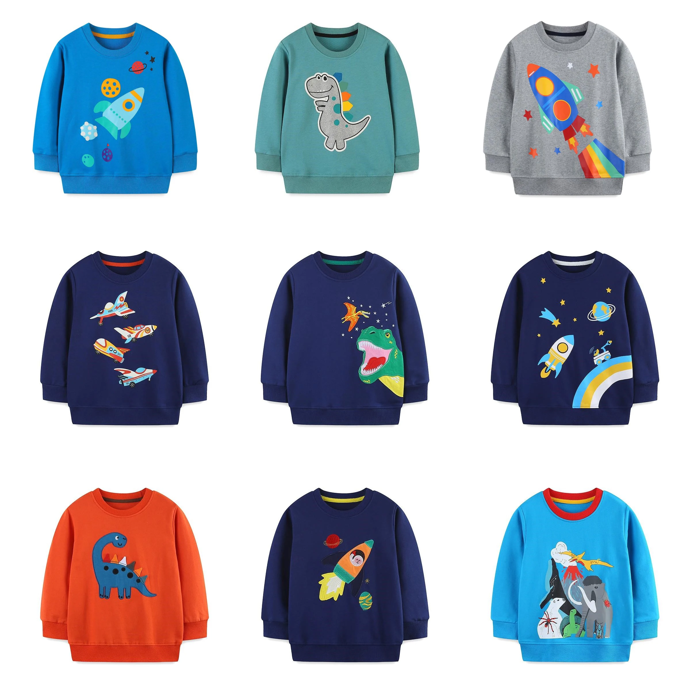 Frühling Jungen Hoodie Cartoon Dinosaurier Patch Langarm Kinder Jungen Sweatshirts Gestrickte Baumwolle Rundhals Kinder Jungen Shirt