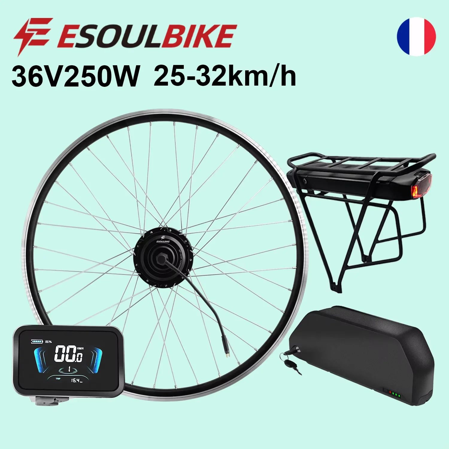 ESOULBIKE EBike Silnik w piaście koła 250W 36V Zestawy do konwersji rowerów elektrycznych Zestaw silnika przedniego napędu EBike Bateria 13Ah 17.5Ah 20Ah