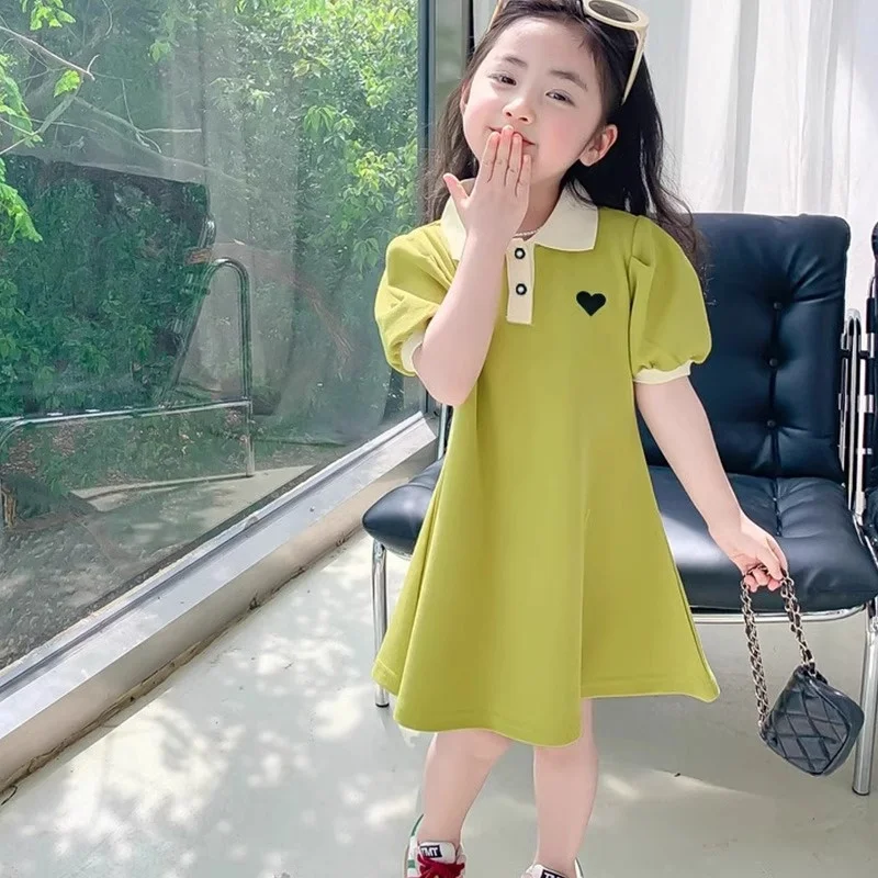 Girls Summer Dress Baby Love Puff Sleeve Skirt Children's Thin Princess Dress New Polo Vestidos Kids Fashion Sweet Frock