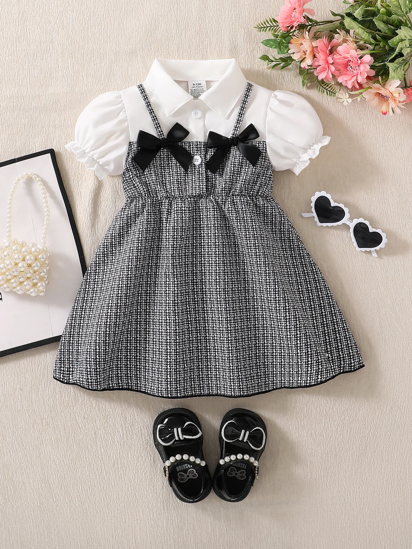 

1-Piece Summer Thin Dress for Baby Girls, Children's Dress with a Turn-Down Collar and Bow Decoration, Puff Sleeves, Faux Two-Piece Dress, Cute and Ladylike Style for Baby Girls, Lantern Sleeves, A-Line Dress, Versatile Set, Newborn First Birthday Gift, C