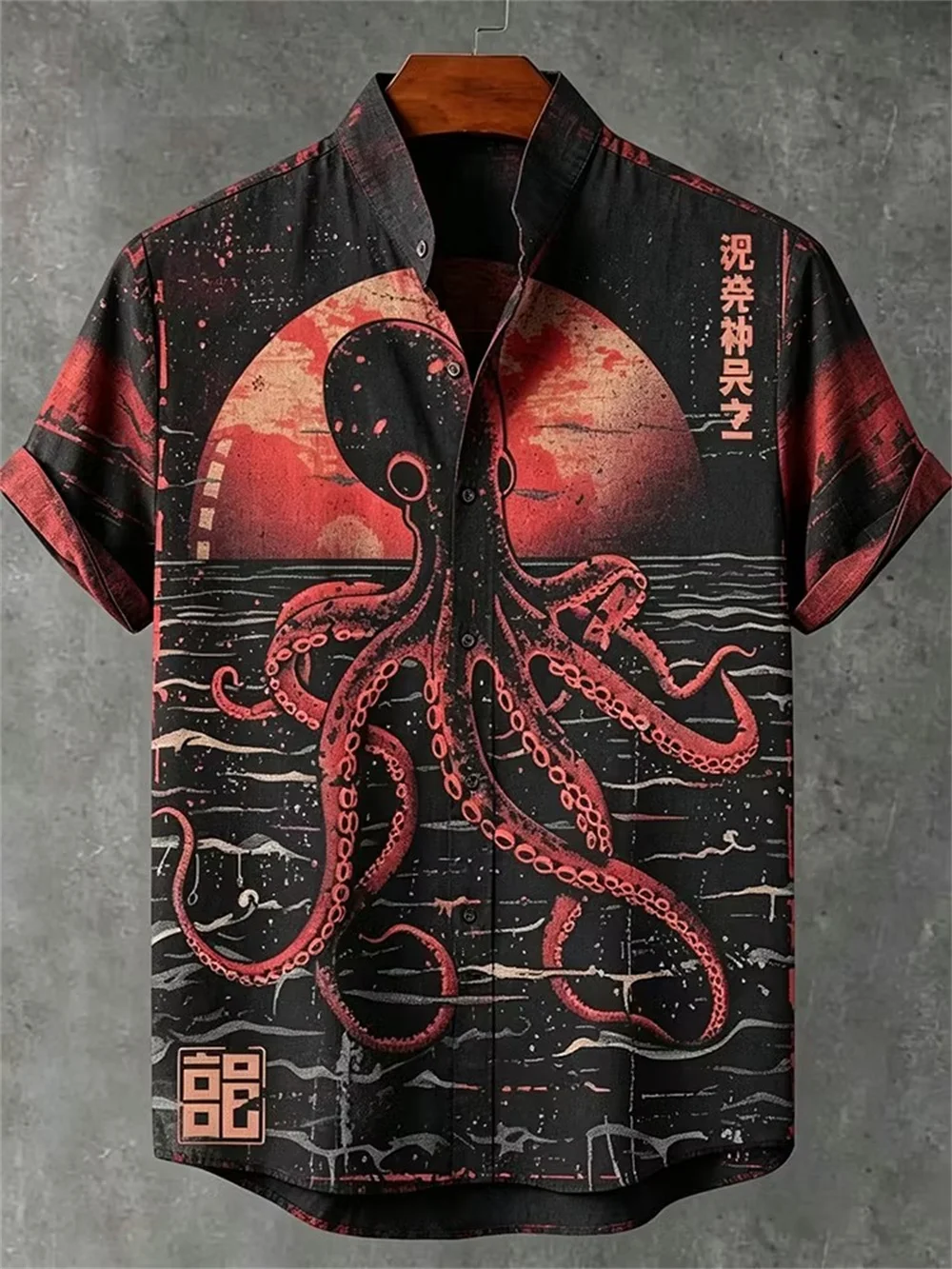 Men's Stand Up Collar Linen Short Sleeved Shirt with Samurai Fox Print Casual Summer Vacation Street Button Plus Size Top