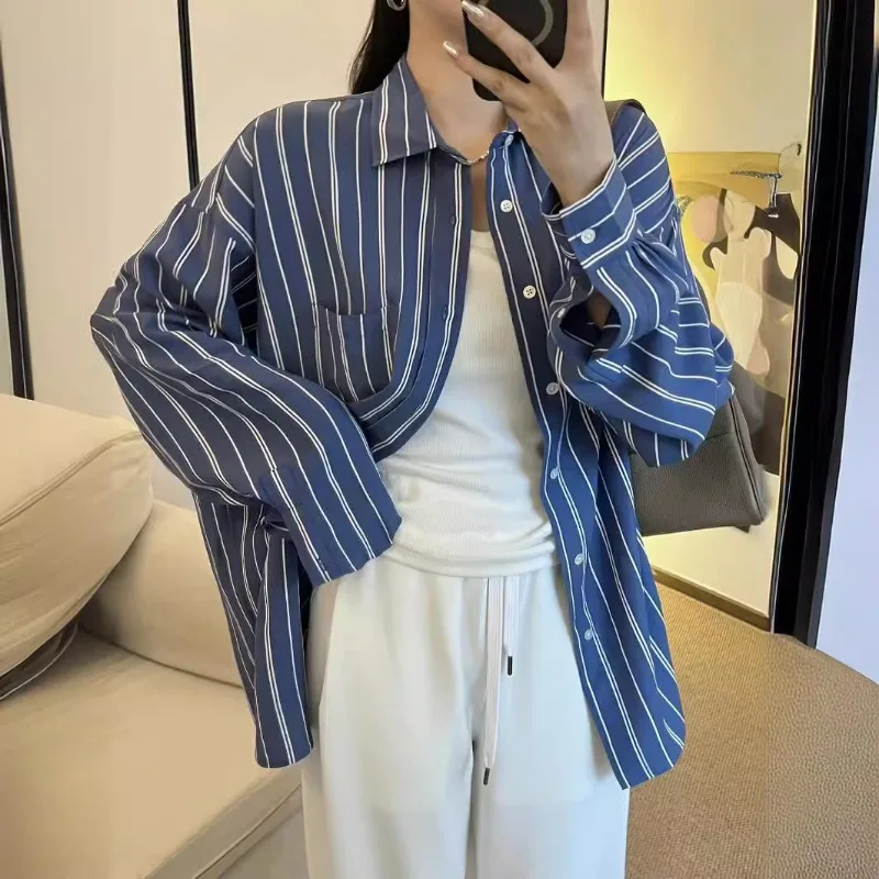 

2024 Spring and Summer New French Casual Style Blue Striped Loose Shirt Womens Tops