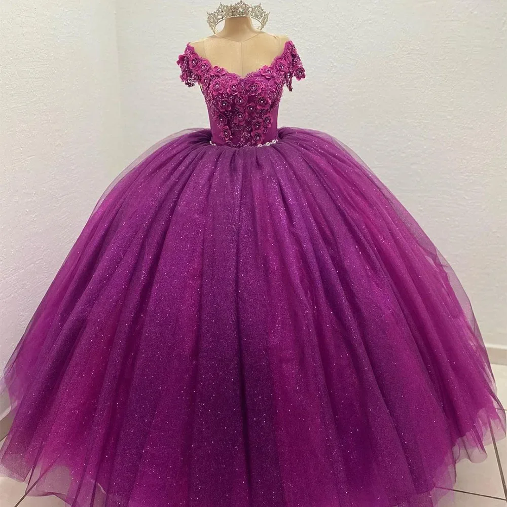 

Glittering Crystal Floral Quinceanera Dresses Vestidos De 15 Anos 3D Flowers Lace Applique Princess Birthday Gowns