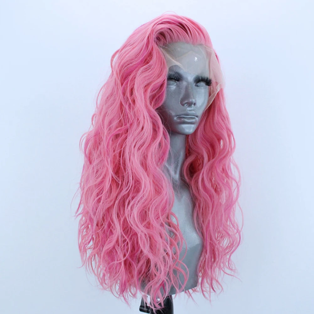 Long Hair Pink Wigs Natural Wavy Synthetic Lace Front Wig For Women Side Part Heat Resistant Fiber Glueless Cosplay Party Wigs