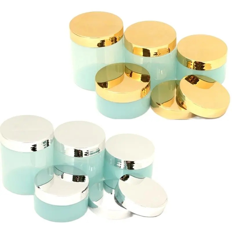 

Plastic Wide Mouth Bottle Light Blue Cosmetic Jars Shiny Gold Silver Lid Empty Skincare Cream Containers 100ml 150ml 200ml 250ml