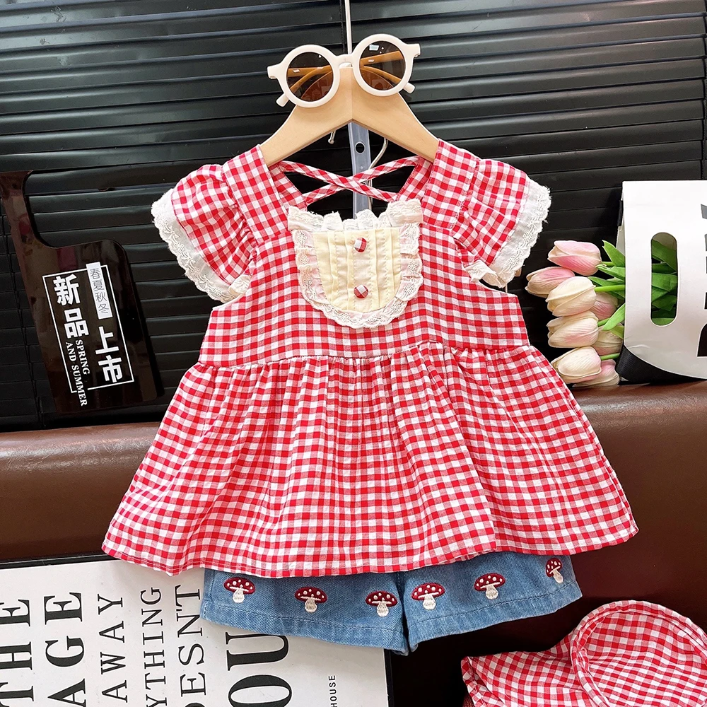 

Girls Cute Red Plaid T-shirt+Denim Shorts 2Pcs Summer Lace Fly Sleeve Shirts Embroidery Hot Pants for Kids Children Clothes Set