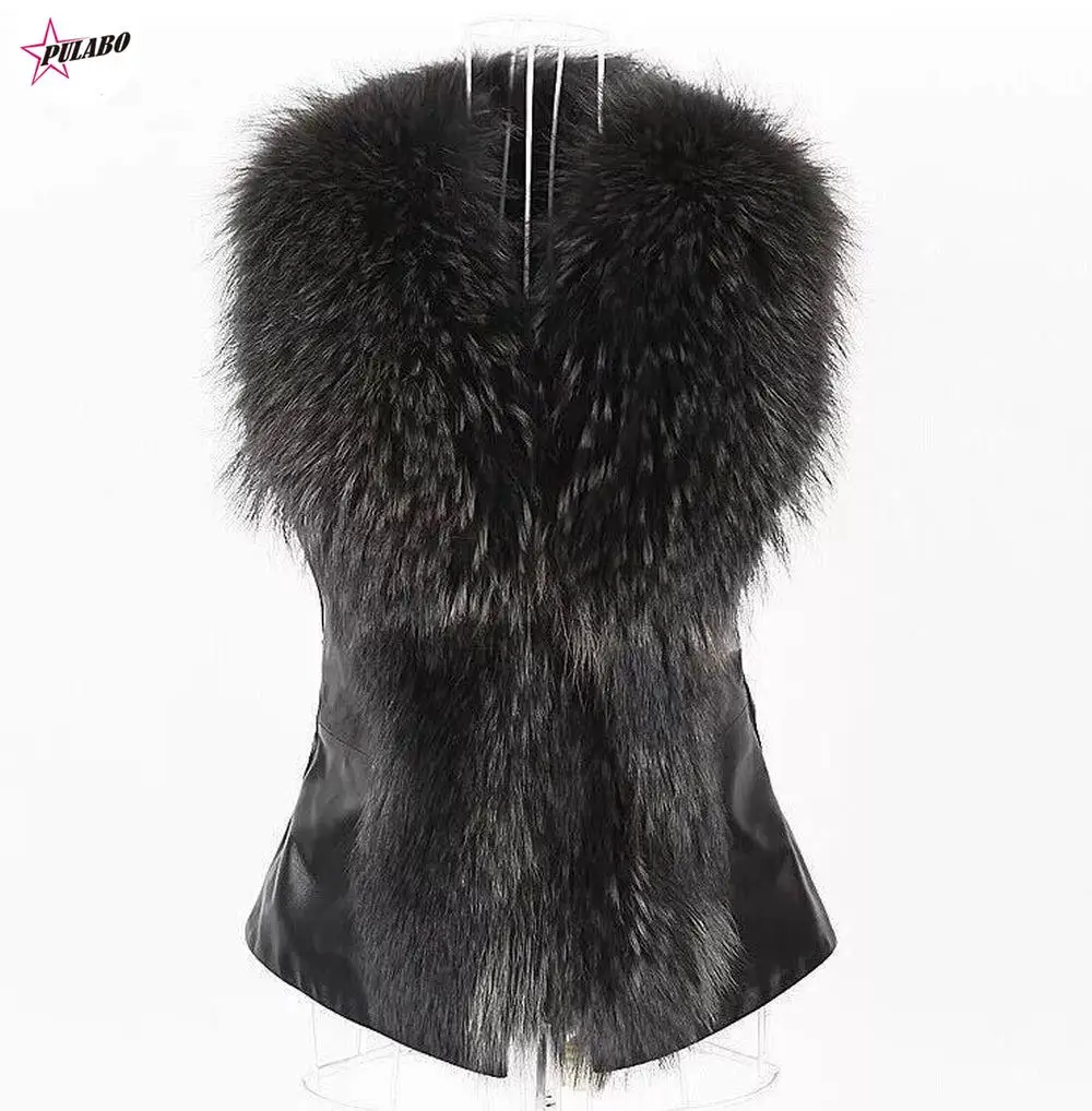 Pulabo Peritang Vrouwen Faux Konijnenbont Vest Met Wasbeer Bontkraag Gilet/Jassen Rex Konijn Gebreide Winter Pu Vest Jas