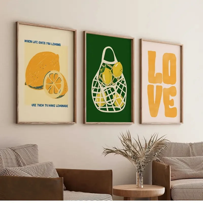 

3pcs/Set Simple Lemon Wall Art Retro Yellow-green Canvas Poster, Picture Decoration, Living Room, Kitchen Dining Room Decoration