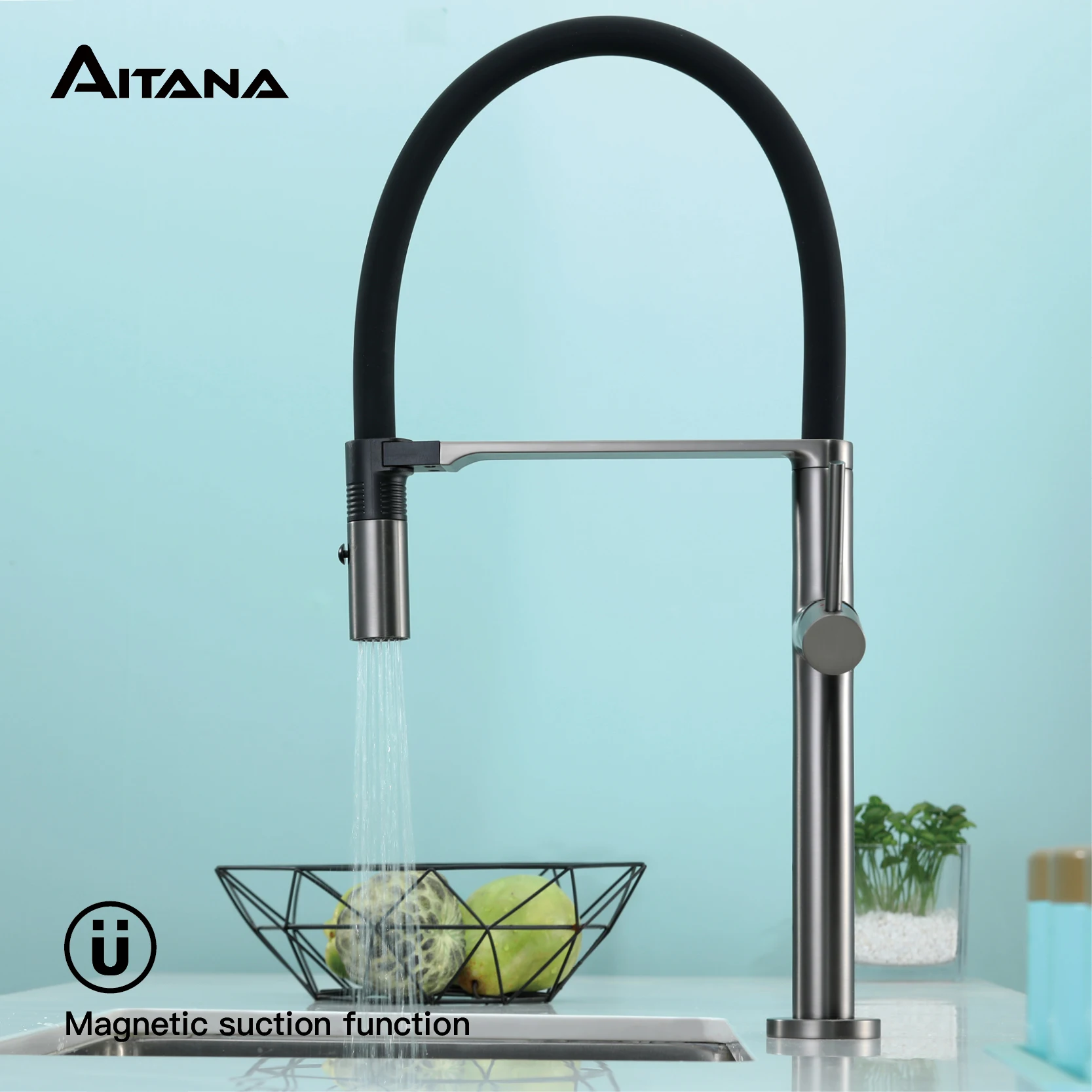 Imagem -02 - Aitana-torneira de Cozinha com Design Simples de Sucção Magnética Latão Preto Única Alça Quente e Frio Misturador de Controle Duplo