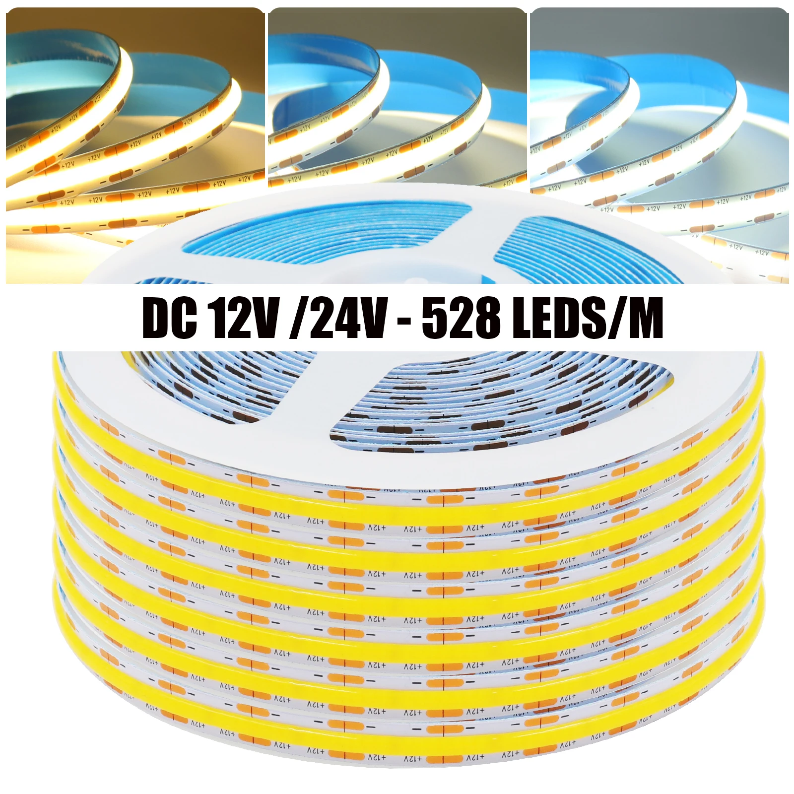 High Brighter 528Leds/M DC 12V 24V COB Strip IP20 Home Decor Flexible Ribbon Rope LED Light White 3000K 4000K 6000K