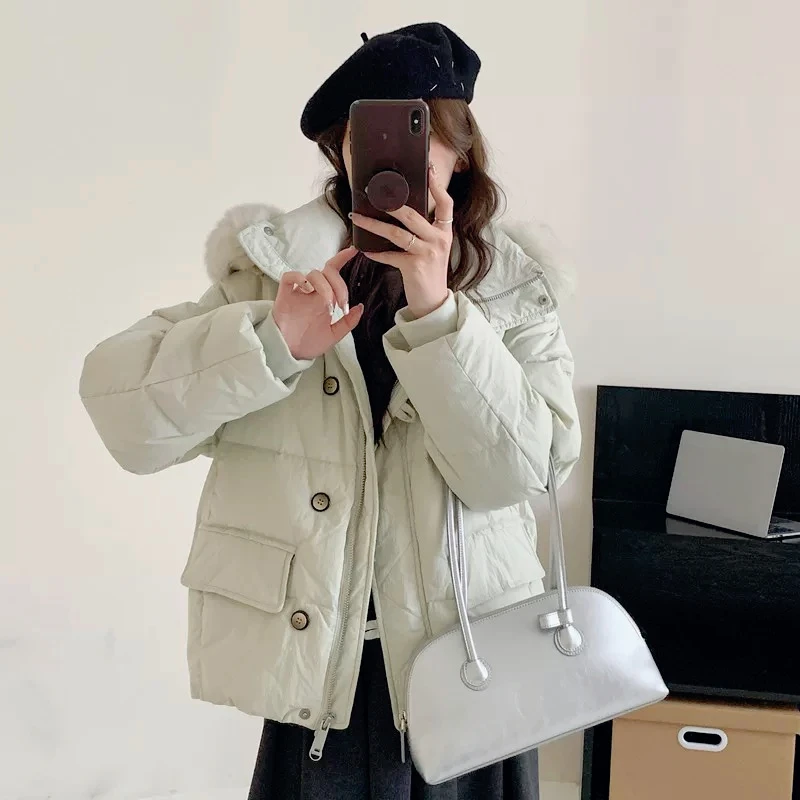 Women's Winter Hooded Down Jacket with Large Fur Collar Sweet Casual Coats Stylish Button Outerwear Thick Warm Short Down Jacket