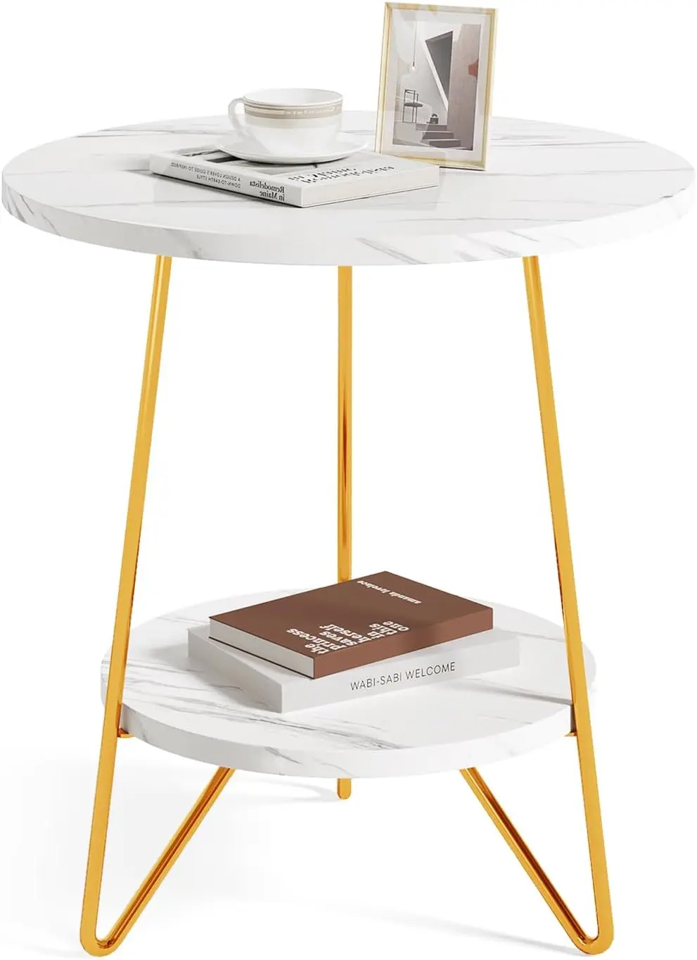 

2 Tier Faux Marble End Table Round Side Table with Shelves Small Coffee Accent Table for Living Room, White and Gold