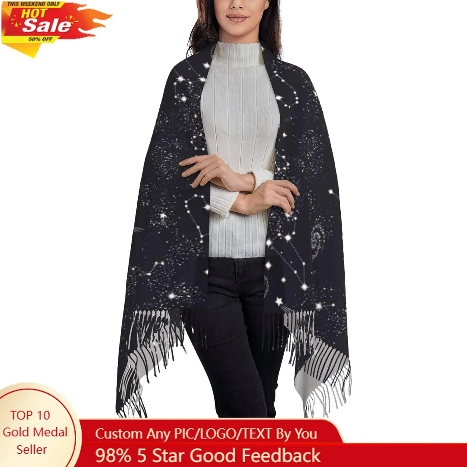 

Moon Space Planet Stars Galaxy Universe Pattern Scarf Long Shawl Wraps Pashmina for Women Girls with Tassels Soft Warm