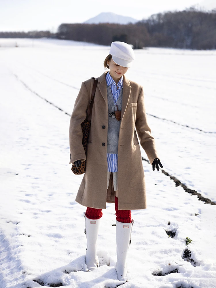 

WinnieTang Camel down Oversize Long Coat Versatile Commute Outerwear Ladies' Woolen Jaet Suit Sle Single Button Closure