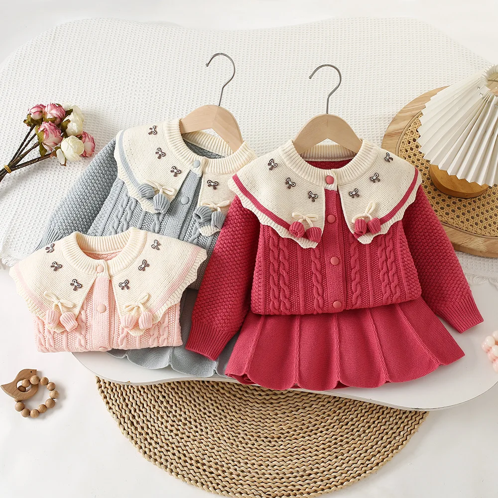 Kawaii الطفل سترة تنورة فتاة الخريف الشتاء جديد محبوك تنورة الأميرة ملابس الأطفال موضة الدفء طويلة الأكمام