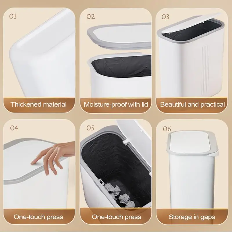 Narrow Trash Can Paper Waste Push Garbage Bin Odor-Proof Narrow Rectangular Trash Can With Lid For Laundry Room Commercial