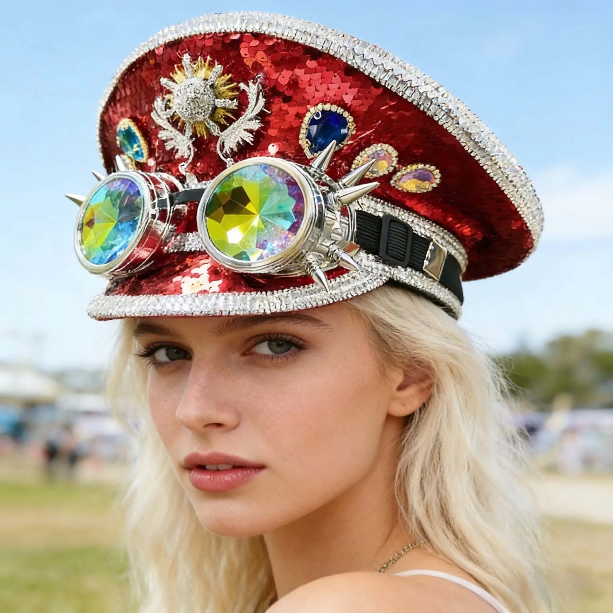 Steampunk Festival Captain Hat Rhinestone Goggles Unisex Adult Sequin Anime Accessories Music Festival Cosplay Cap