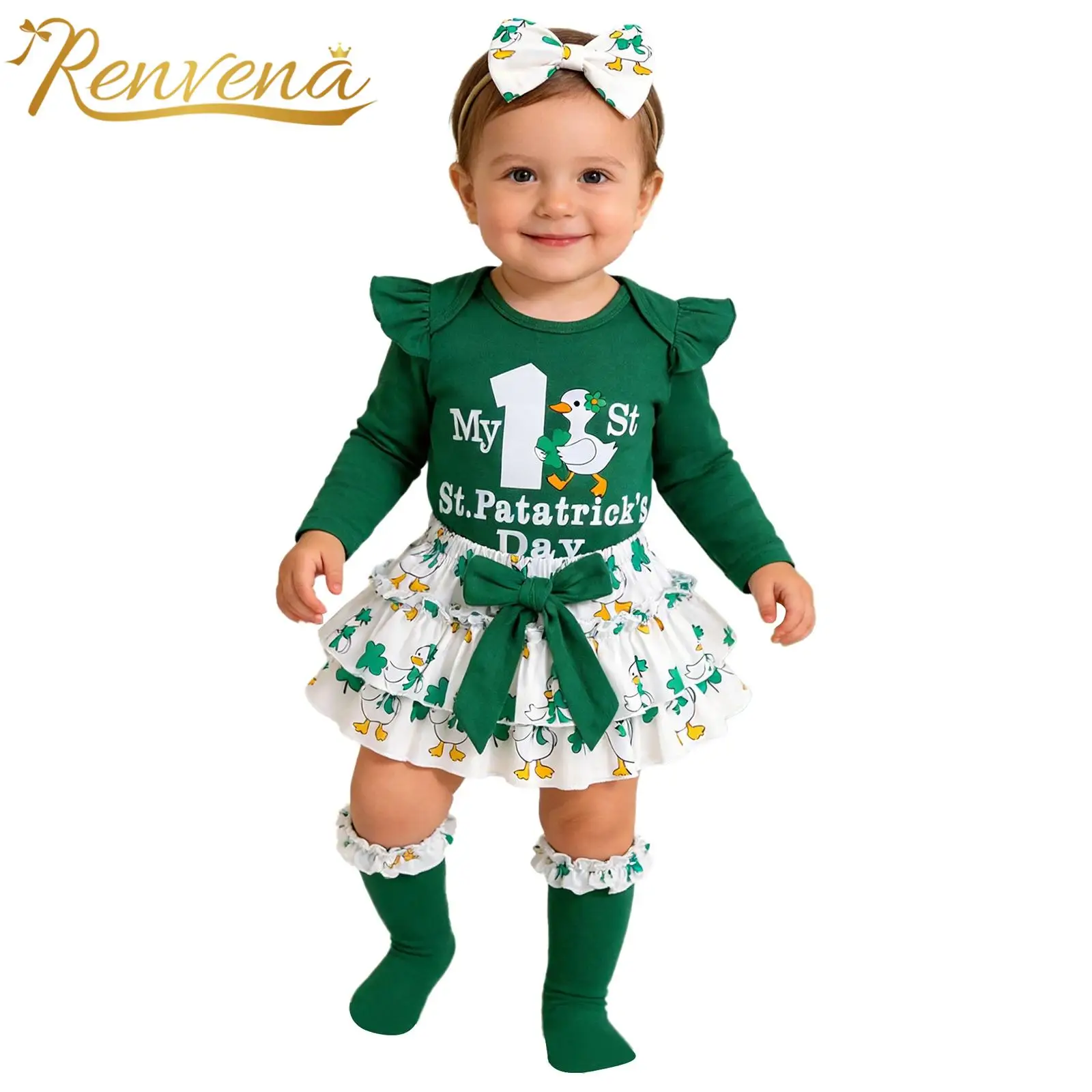 

0-12M Newborn Baby Girls The First St Patricks Day Party Outfit Long Sleeve Rompers Shorts with Bow Headband And Socks Set