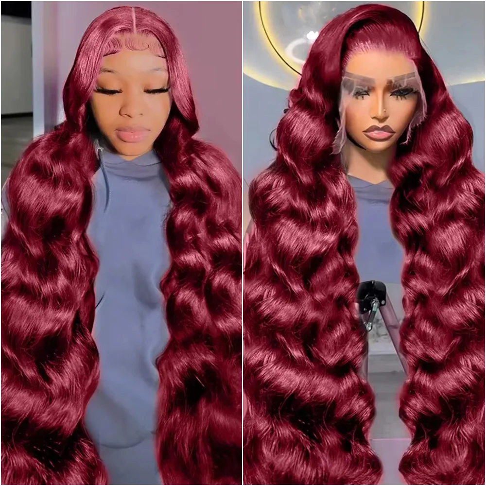 

Brazilian Human Hair Wig 99J Burgundy Body Wave 13x6 Transparent Lace Front Wig Length 18-36 Inch with 13x4 HD Lace Frontal Wigs