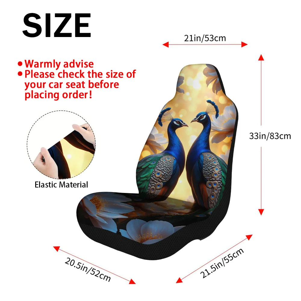 2pcs Modern Majestic Blue Peacocks Print Car Seat Covers | Comfortable, Washable, Universal Fit For Most Vehicles, Stylish Inter