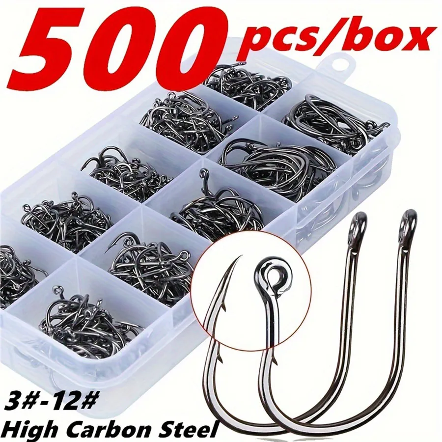 500pcs Small Size Freshwater Fishhook Fishing Hooks Set, Carbon Steel Worm Bait Jig Fish Hooks with Plastic Box