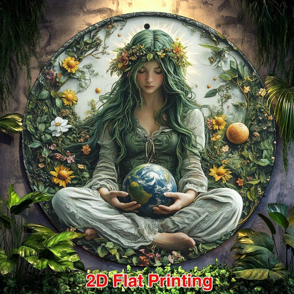 2D Flat, 1pc 2D Flat Round Sign, Featuring a Beautiful Earth Goddess with Green Hair and Blue Eyes, Suitable for Wall Decor, Gar