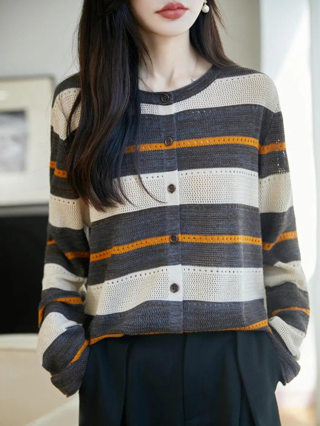 Retro Striped Silk Woolen Knitted Open Cardigan Women's Skin-friendly Warm Long Sleeve round Neck Versatile Top Quality Fabric
